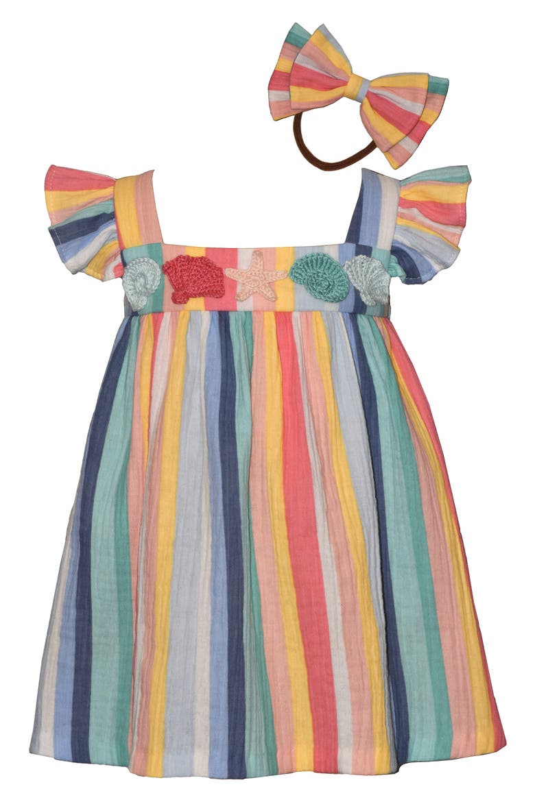 Shell Appliqué Dress & Headband Set, Main, color, BLUE STRIPE