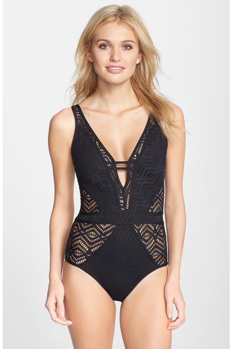 'Show & Tell' Openwork One-Piece Swimsuit, Main, color, BLACK