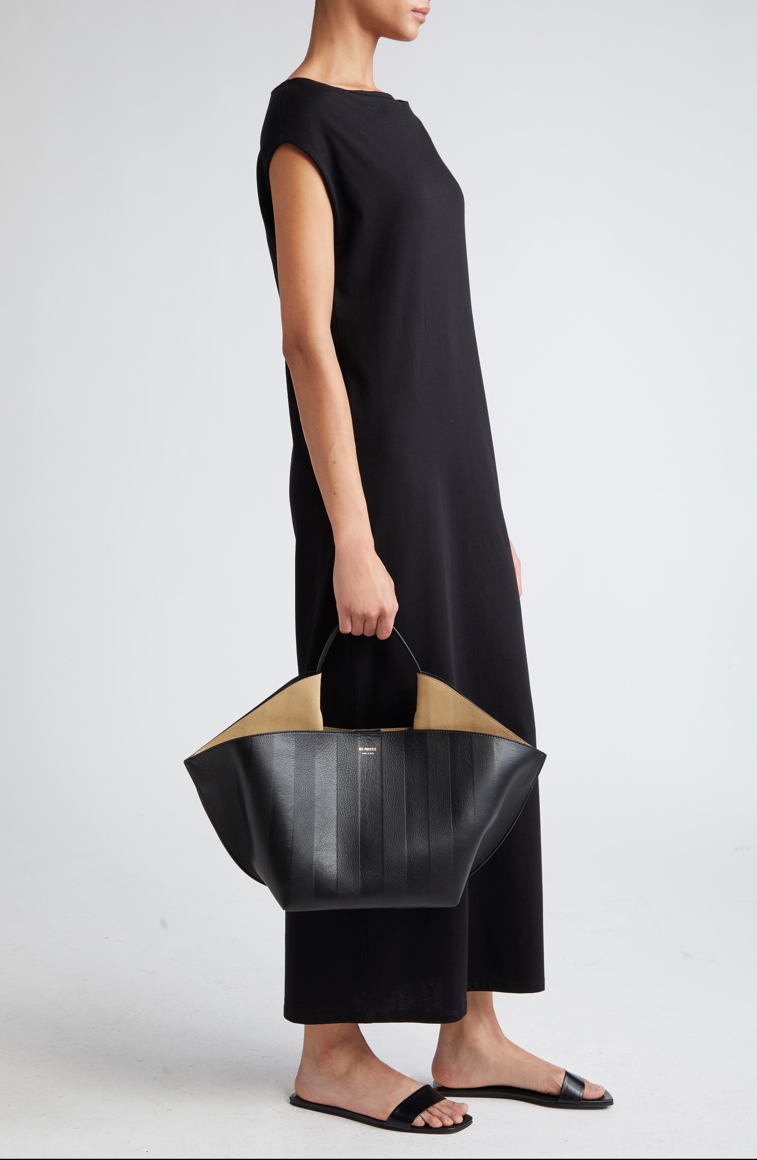 Medium Ann Soft Stripe Embossed Leather Tote, Alternate, color, BLACK