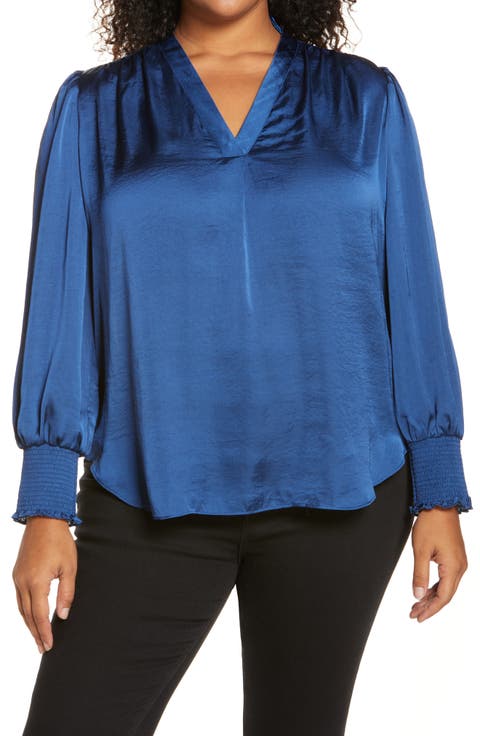 Smocked Long Sleeve V-Neck Blouse (Plus Size)