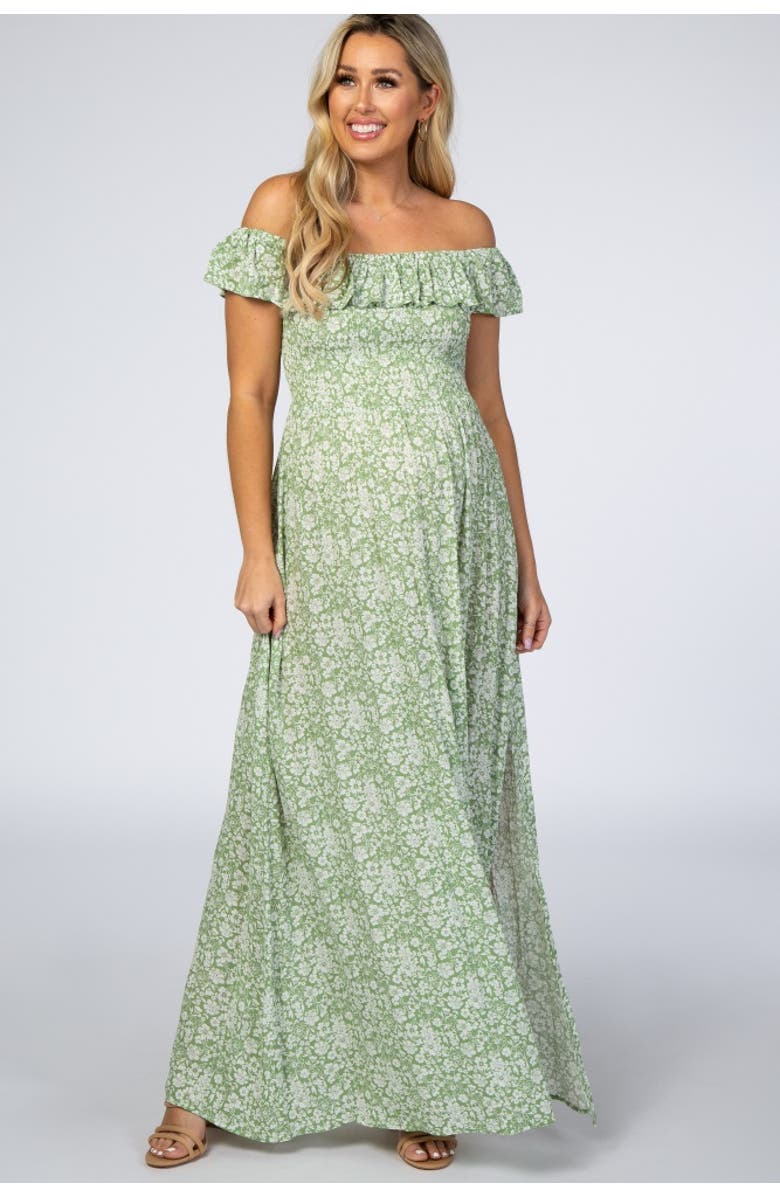PinkBlush Floral Ruffle Off Shoulder Maxi Dress, Main, color, Light Olive