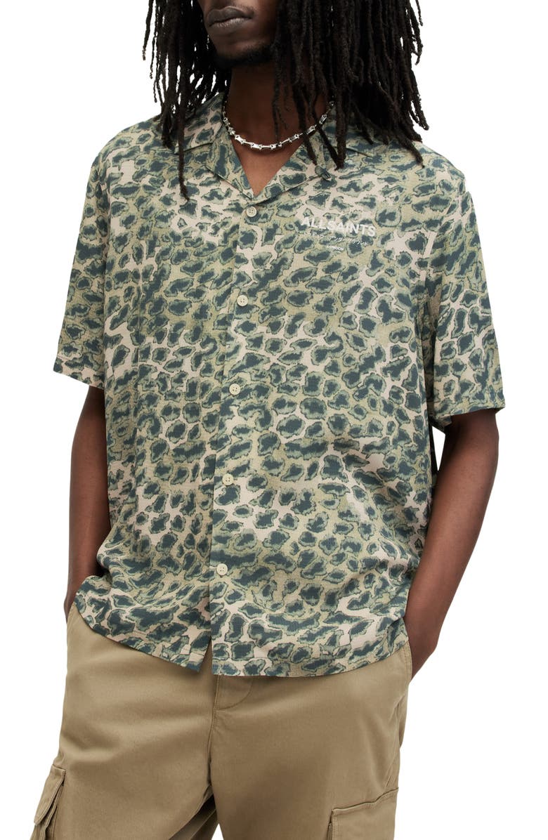 AllSaints Underground Relaxed Fit Leopard & Camo Ripstop Camp Shirt, Alternate, color, 