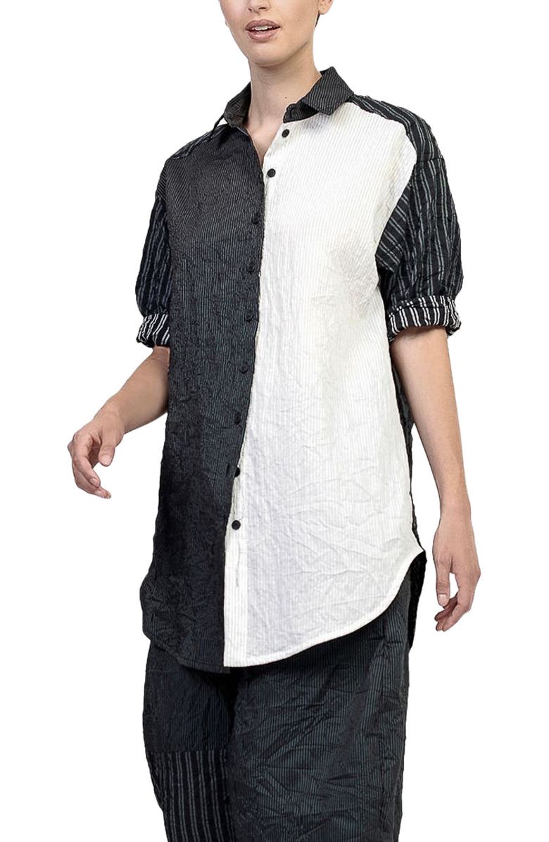 Alembika Crinkle patchwork stripes button-up shirt, Alternate, color,