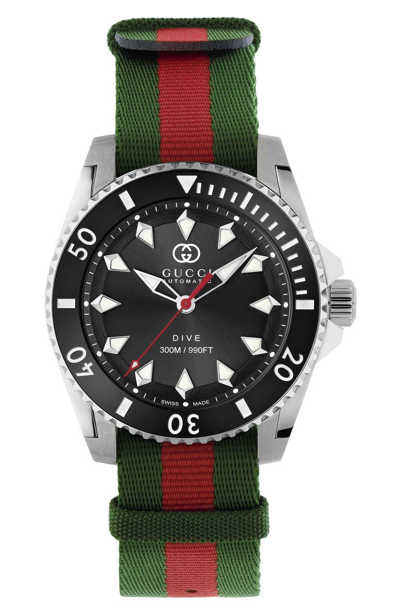 Gucci Dive Fabric Strap Watch, 40mm, Alternate, color, Black/ Green/ Red