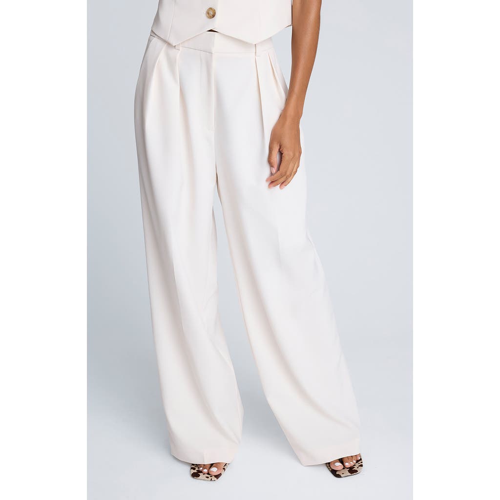 Kenneth Cole Satin High Rise Fly Front Double Pleated Wide Leg Pant In White