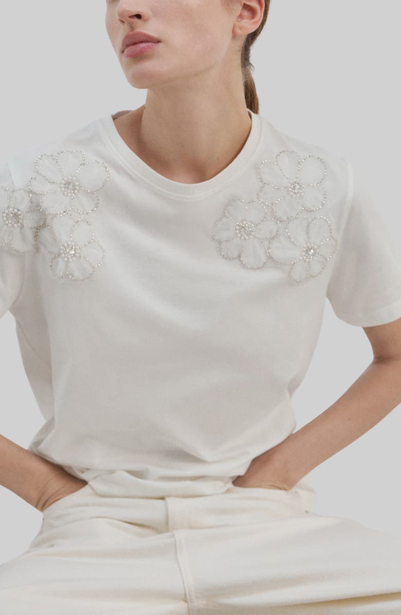 MANGO Floral Embellished Cotton T-Shirt, Main, color, Off White