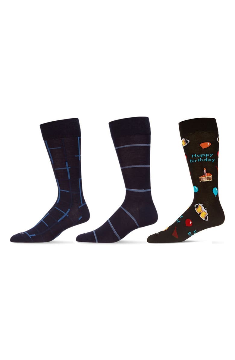 MeMoi Happy Birthday Assorted 3-Pack Crew Socks, Main, color, Black-Black