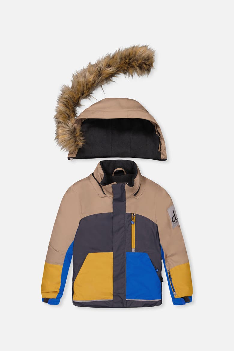 Play Faux Fur Hood Jacket & Dinosaur Pants Two Piece Snowsuit, Alternate, color, Grey and Blue Dinosaur Print