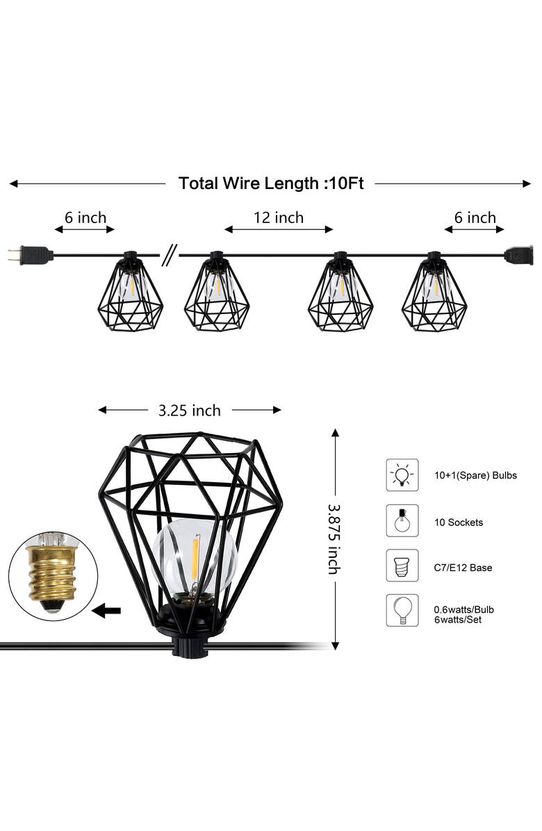 JONATHAN Y 10-Light Indoor/Outdoor Contemporary Transitional Incandescent G40 Diamond Cage String Lights, Alternate, color, Black