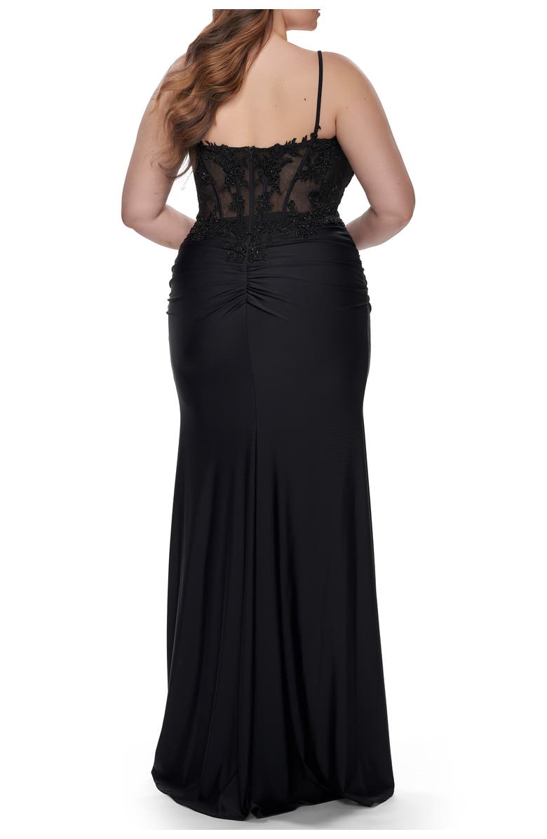 La Femme Long Plus Size Jersey Dress with Illusion Lace Bodice, Alternate, color, Black