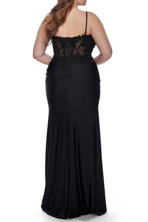 La Femme Long Plus Size Jersey Dress With Illusion Lace Bodice