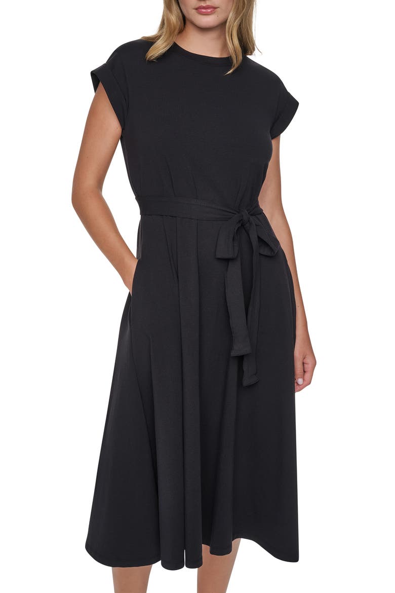 Cap Sleeve Fit & Flare Midi Dress, Alternate, color, BLACK
