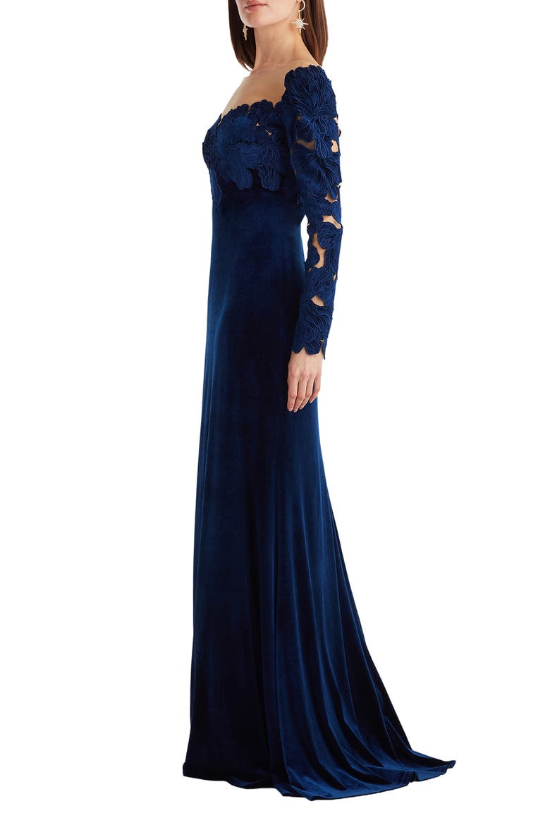 Appliqué Illusion Stretch Velvet Mermaid Gown, Alternate, color, NAVY