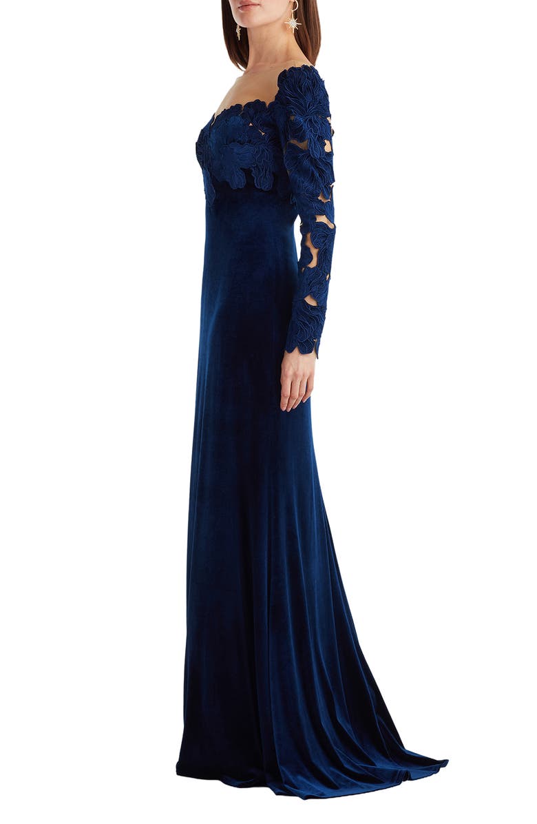 Tadashi Shoji Appliqué Illusion Stretch Velvet Mermaid Gown, Alternate, color, Navy