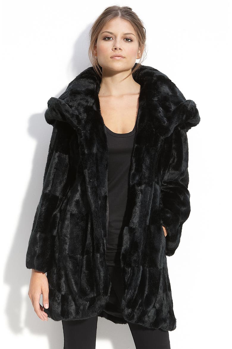 Hooded Faux Fur Coat, Alternate, color, BLACK