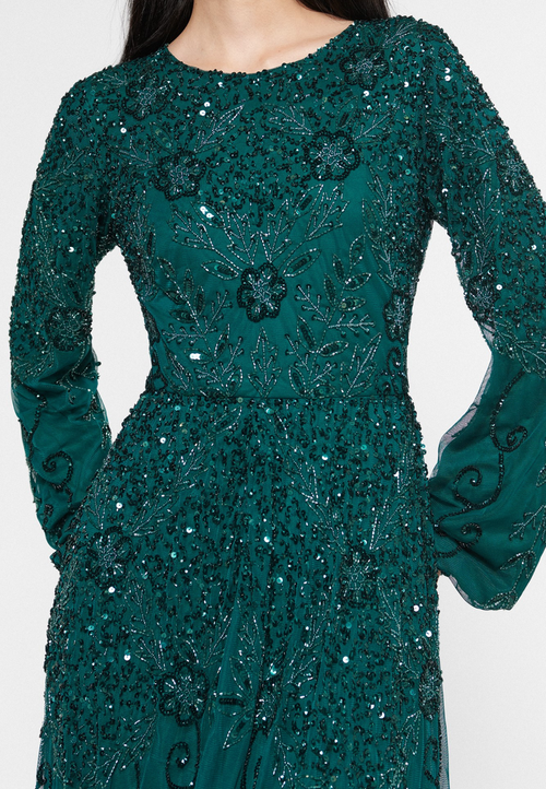 Maryisa Embellished Sequin Beaded Crew Neck Dress In Emerald Green