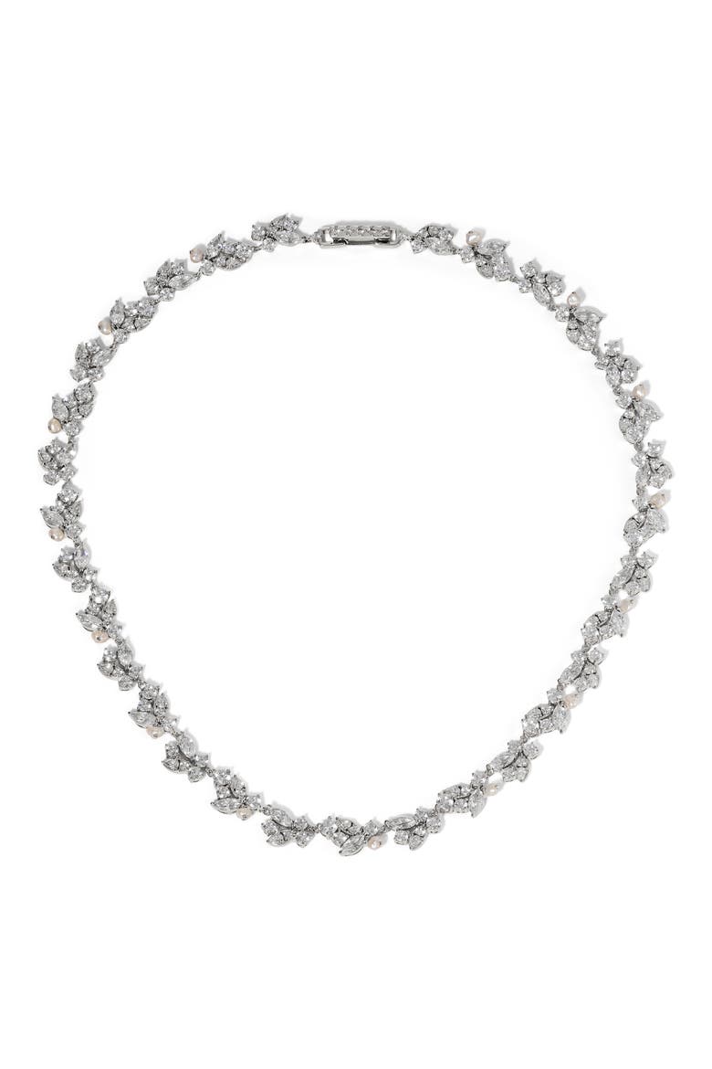 Ravish Laurel Cubic Zirconia & Cultured Purl Collar Necklace, Main, color, RHODIUM