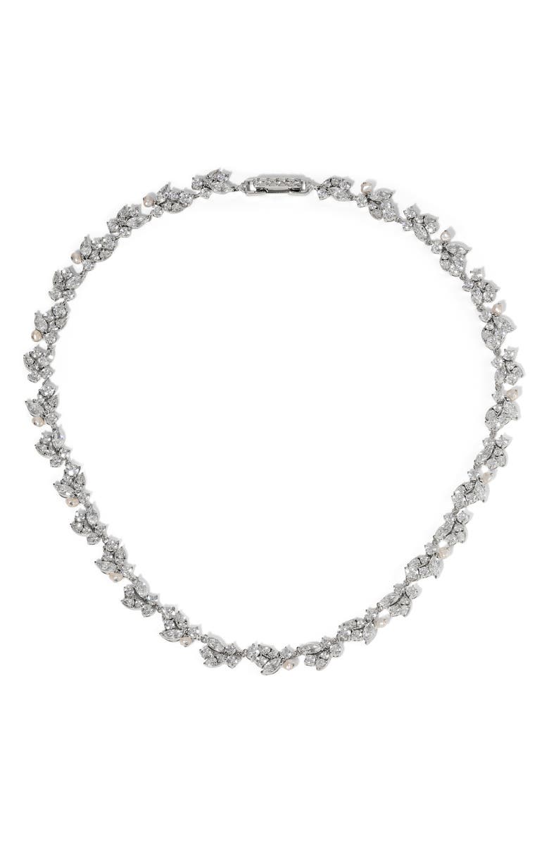 Nadri Ravish Laurel Cubic Zirconia & Cultured Purl Collar Necklace, Main, color, Rhodium