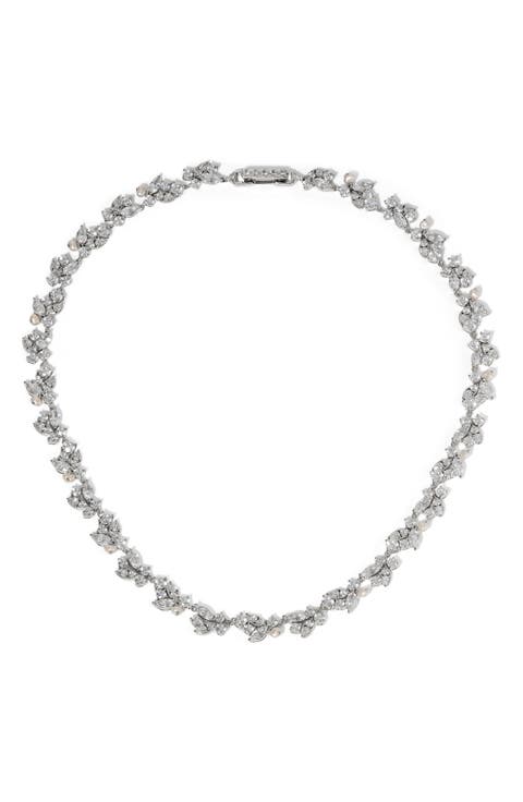Ravish Laurel Cubic Zirconia & Cultured Purl Collar Necklace