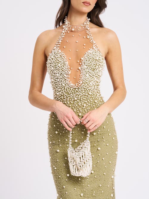 Miss Circle Women Ginny Pear Green Pearl Embellished Backless Gown In Gray