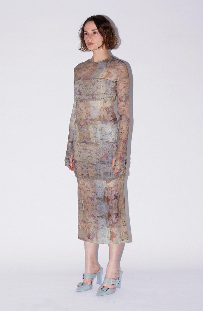 SAEMDI Floral Draped Mesh Dress, Main, color, Beige Floral Print