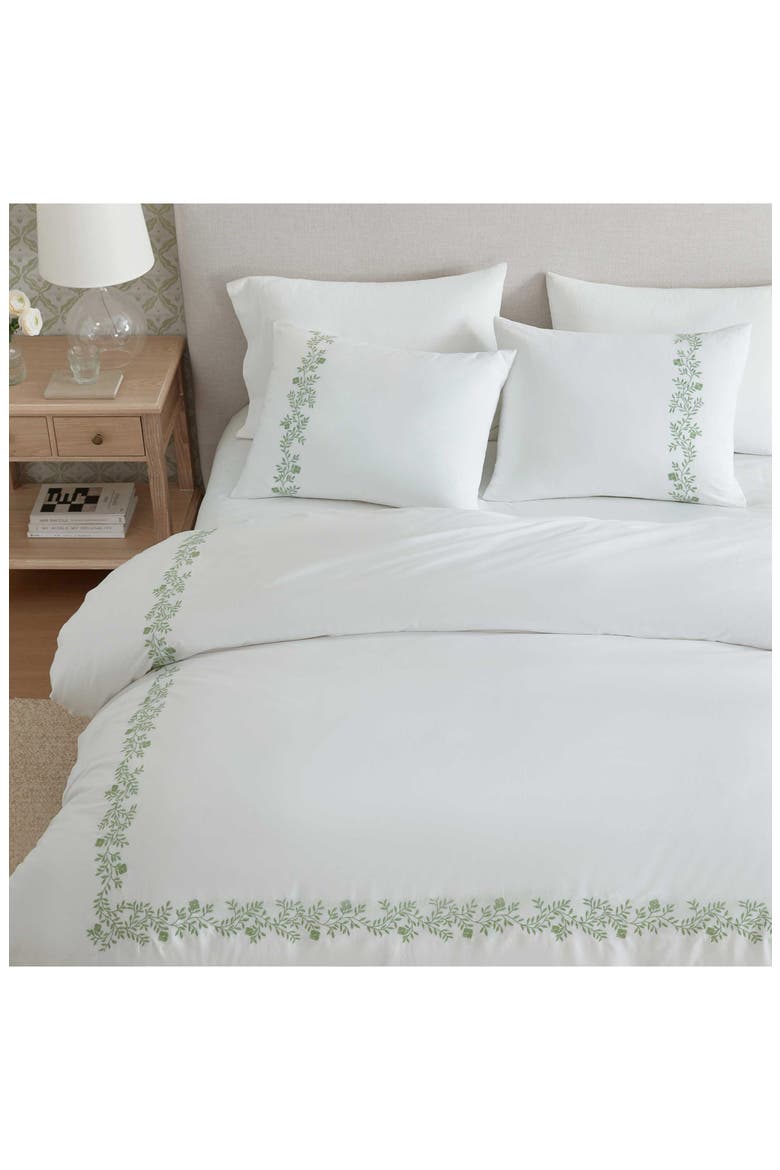 Garden Path Embroidery Cotton Duvet Set, Alternate, color, WHITE/ VINE GREEN
