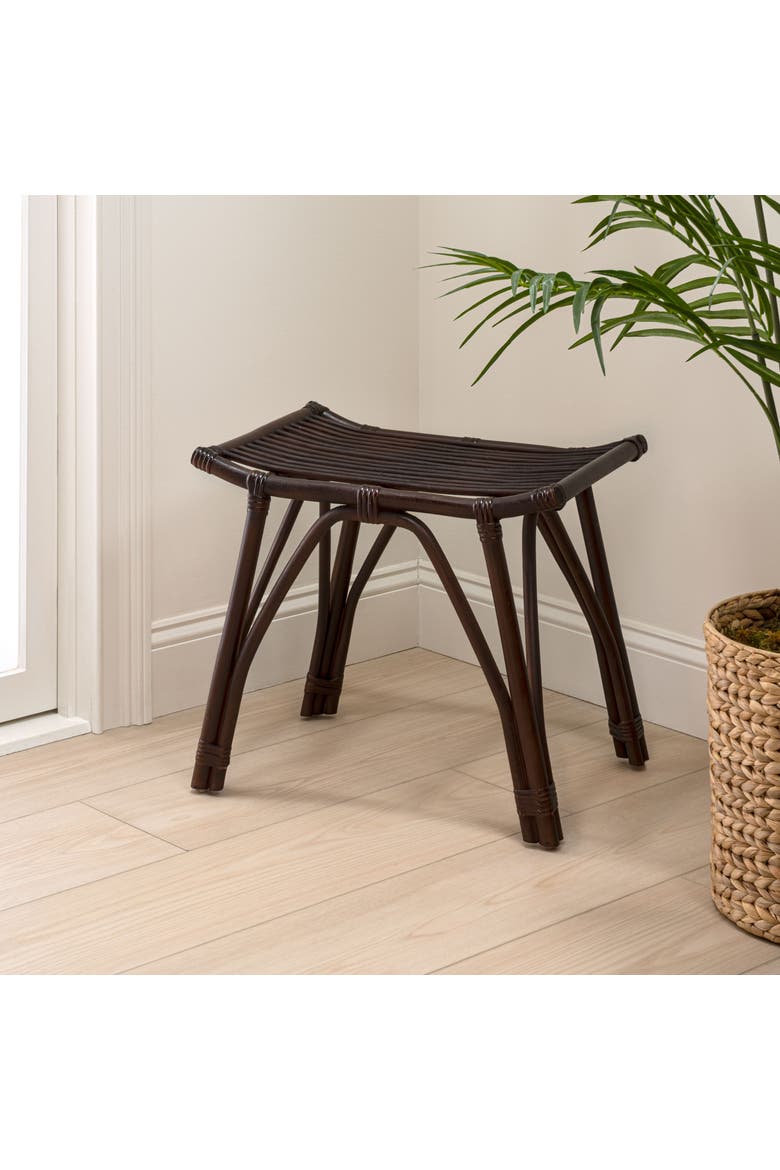 Gabriel Handcrafted Rattan and Solid Wood Backless Vanity Stool, Bohemian Accent Ottoman Footstool for Living Room, Alternate, color, Dark Brown