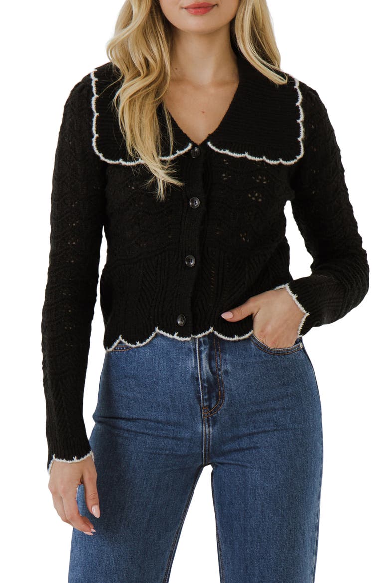 Scallop Pointelle Cardigan, Alternate, color, BLACK