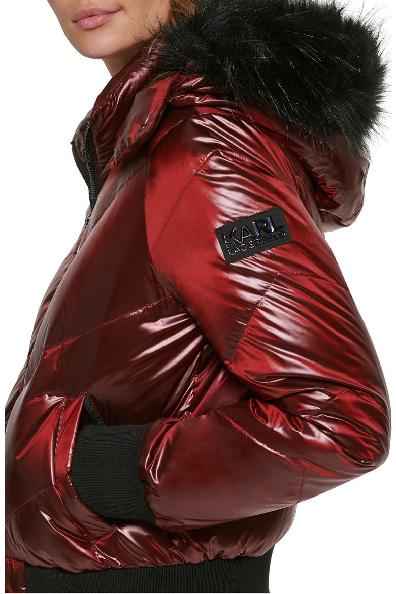 Chevron Quilted Water Resistant Faux Fur Trim Bomber Jacket, Alternate, color, RED RUST