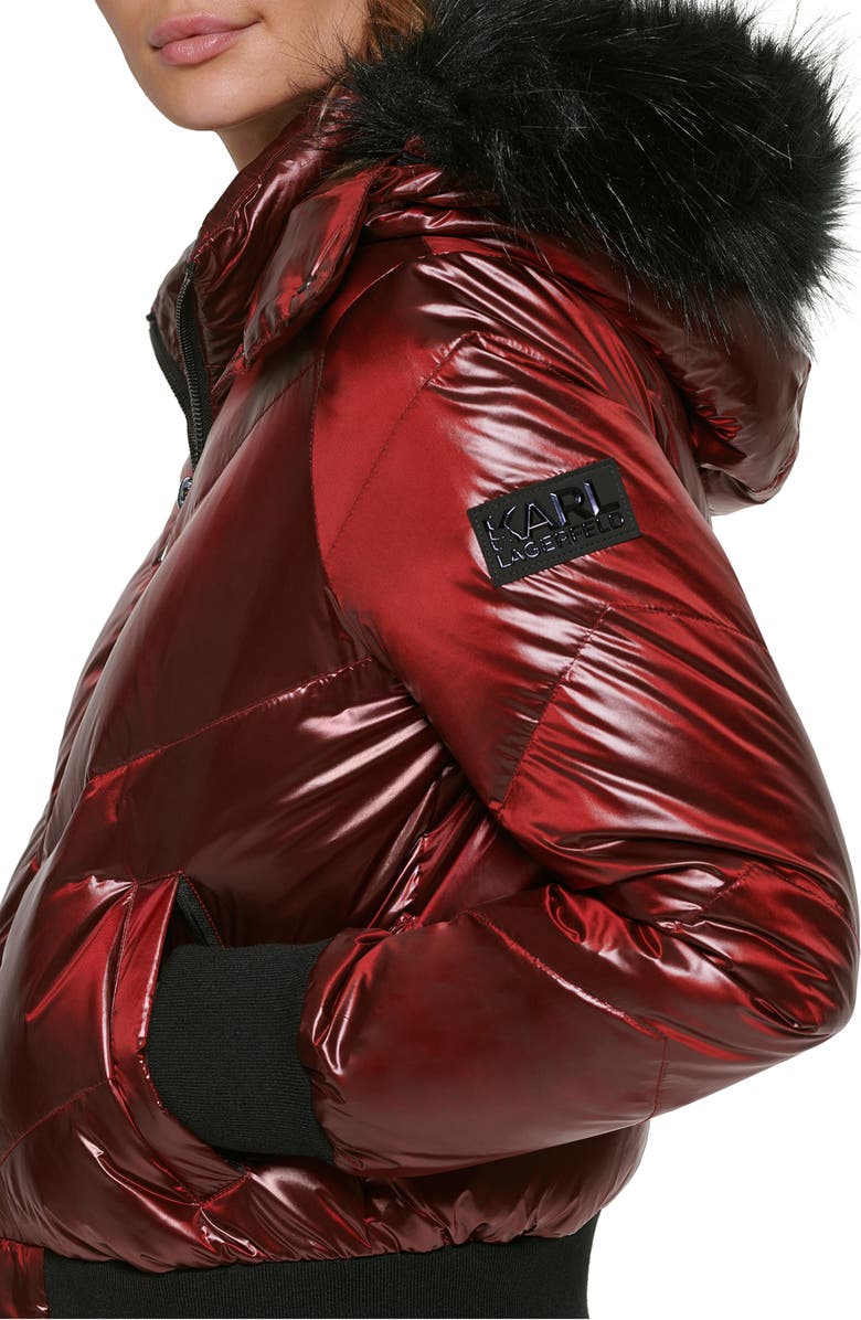 KARL LAGERFELD PARIS Chevron Quilted Water Resistant Faux Fur Trim Bomber Jacket, Alternate, color, 