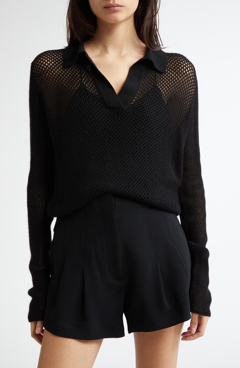 Johnstons of Elgin Superfine Cashmere & Silk Crochet Long Sleeve Polo, Main, color, 