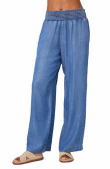 Smocked Wide Leg Chambray Pants