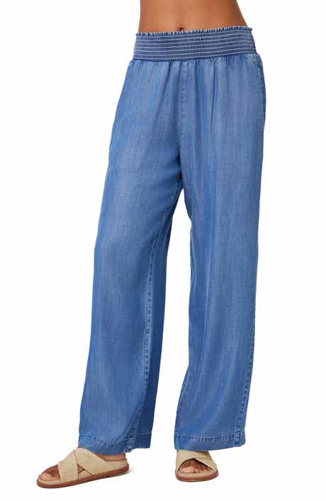 Smocked Wide Leg Chambray Pants