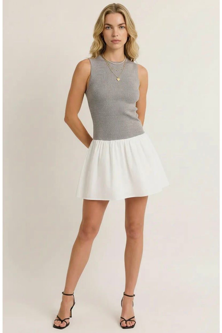 Knit Bodice Contrast Mini Dress, Alternate, color, White / Grey