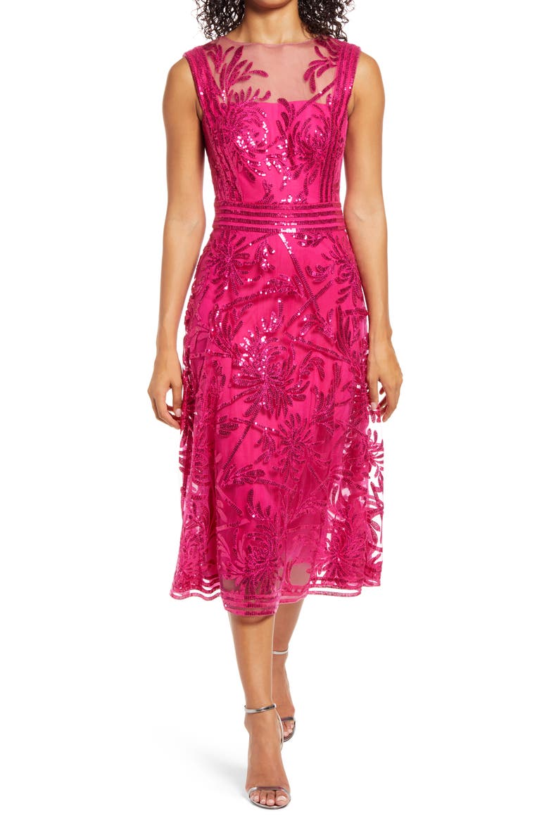 Sleeveless Sequin Fit & Flare Cocktail Midi Dress, Main, color, BLOSSOM