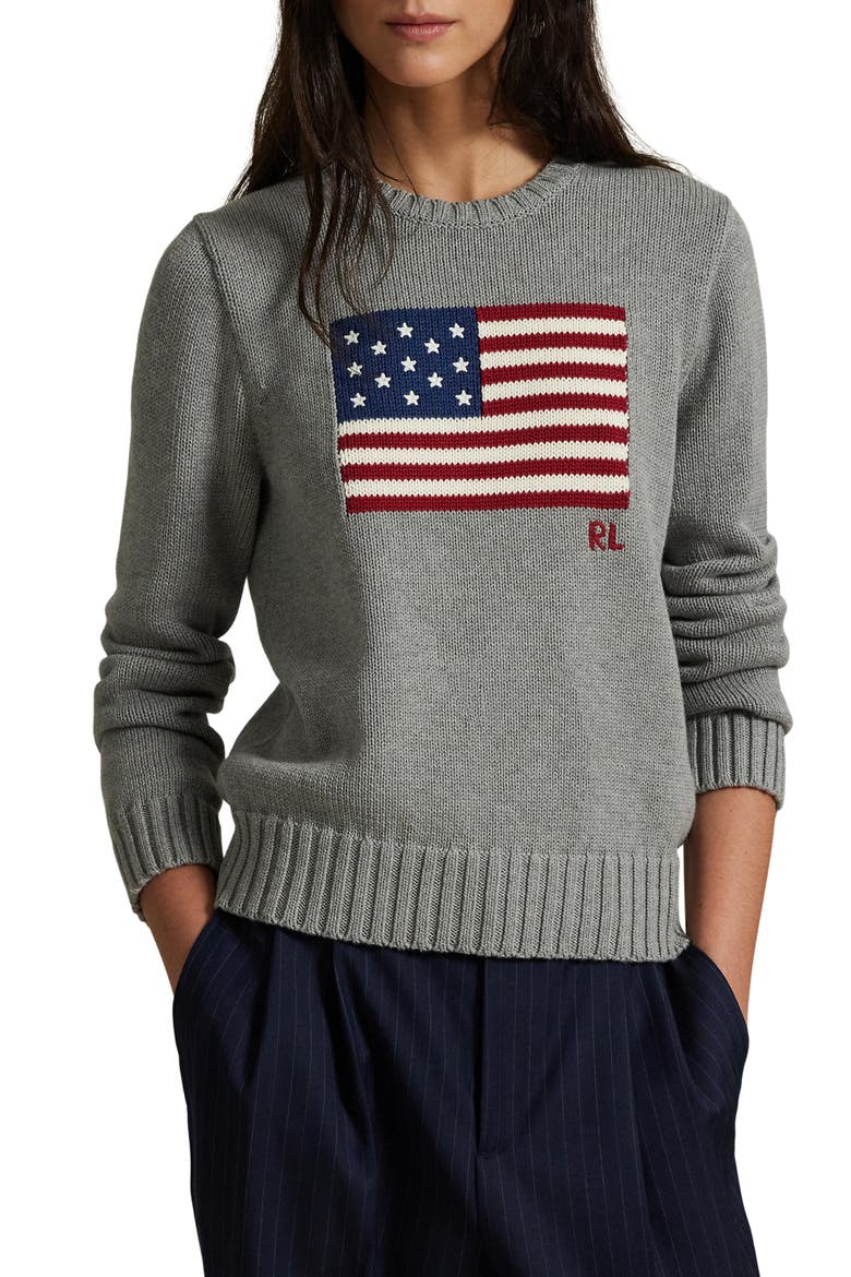 Flag Intarsia Cotton Crewneck Sweater, Main, color, DRIFT GREY MELANGE
