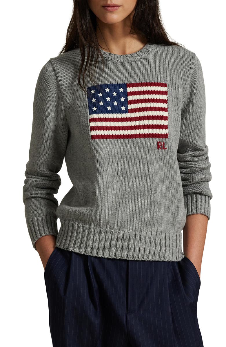 Polo Ralph Lauren Flag Intarsia Cotton Crewneck Sweater, Main, color, Drift Grey Melange