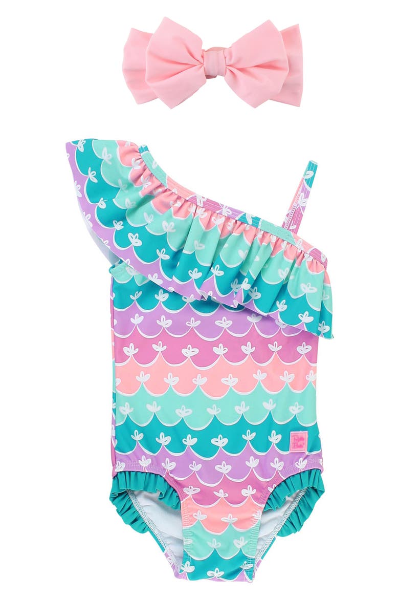 Mermaid One-Shoulder One-Piece Swimsuit & Headband Set, Main, color, BLUE