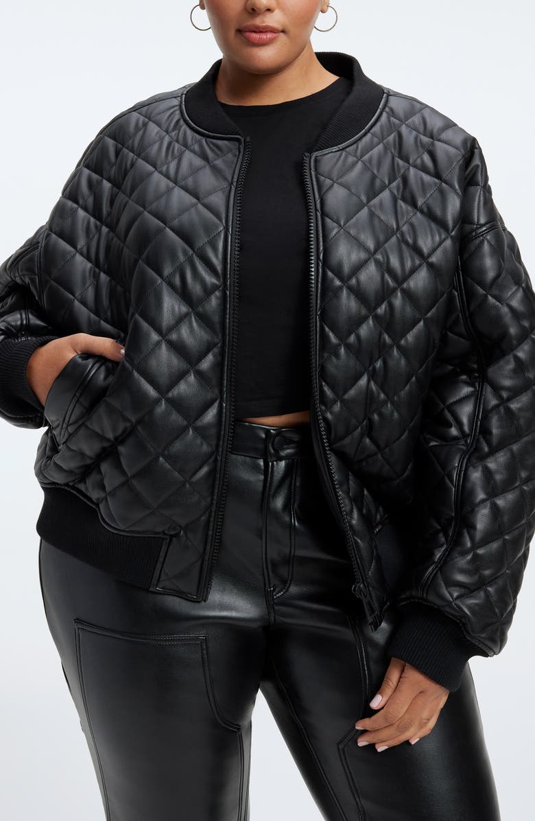 Good American Better Than Leather Faux Leather Quilted Bomber Jacket, Alternate, color,