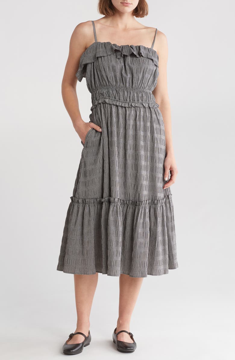 T Tahari Ruffle Tiered Gingham Midi Dress, Main, color, 