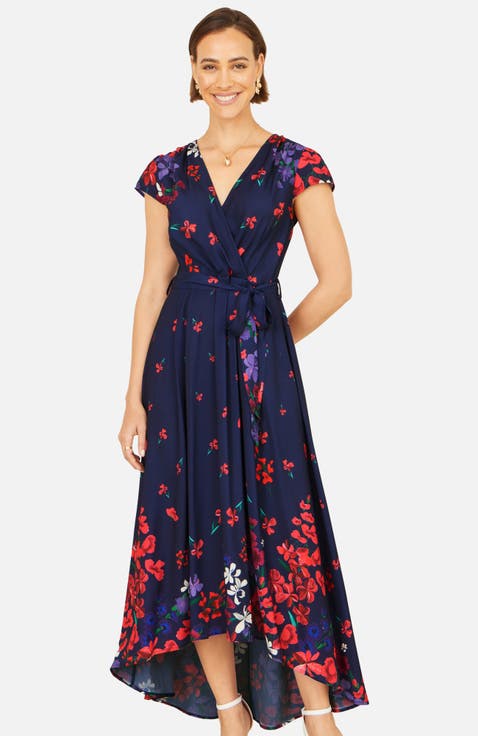 Floral Mirror Dip Hem Wrap Dress