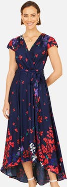 Yumi Floral Mirror Dip Hem Wrap Dress