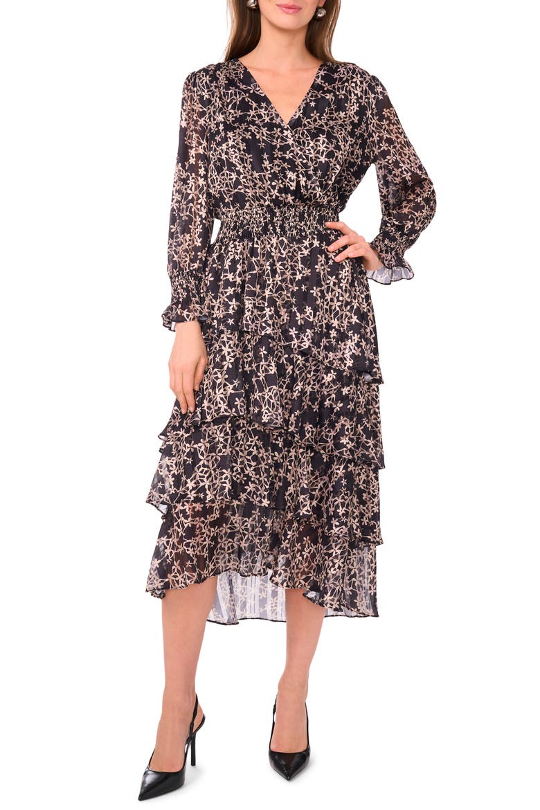 Floral Metallic Stripe Long Sleeve Tiered Maxi Dress, Main, color, RICH BLACK