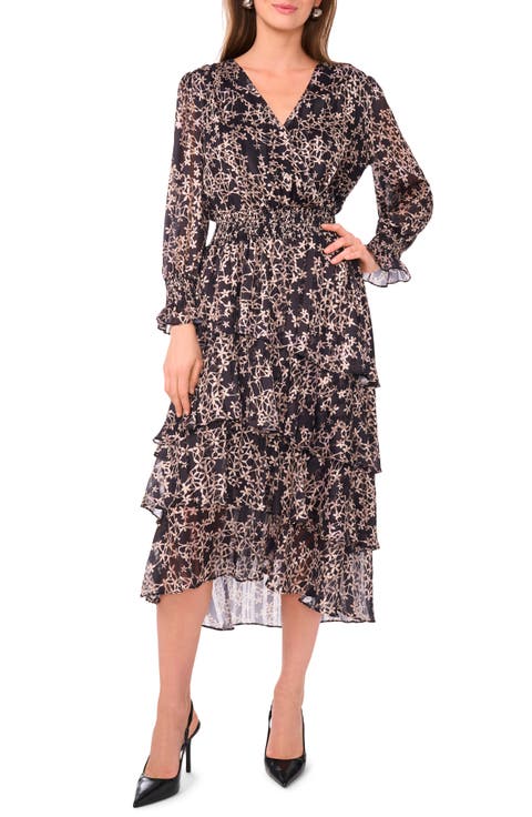 Floral Metallic Stripe Long Sleeve Tiered Maxi Dress