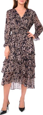 Vince Camuto Floral Metallic Stripe Long Sleeve Tiered Maxi Dress
