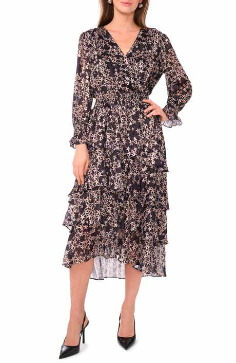 Vince Camuto Floral Metallic Stripe Long Sleeve Tiered Maxi Dress