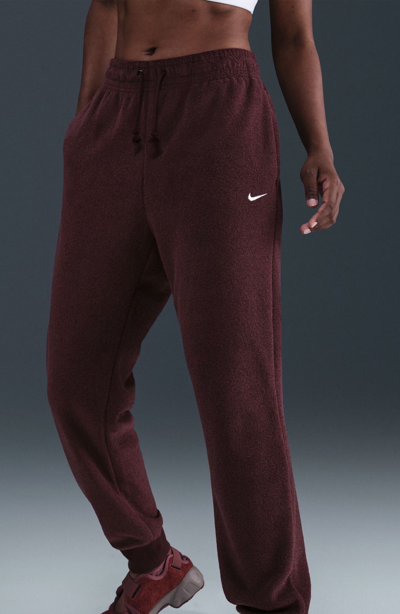 nike mini swoosh high waisted wide leg joggers in red