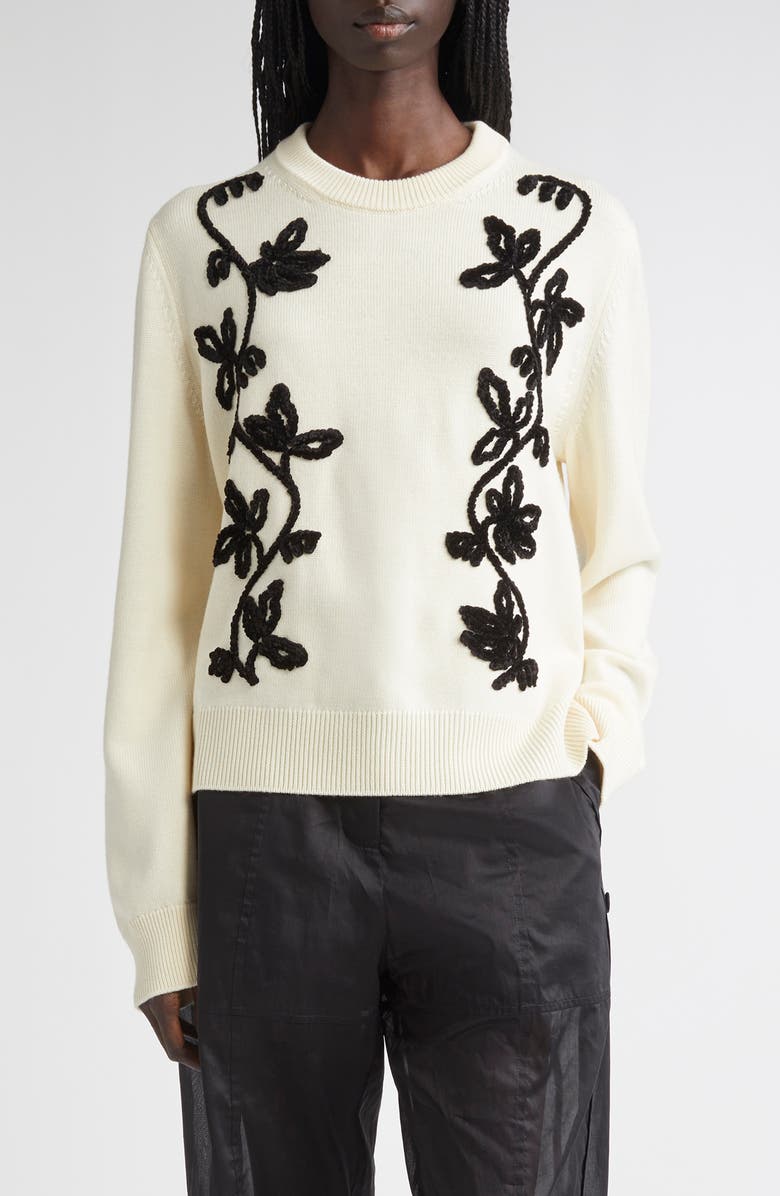 Jil Sander Floral Embroidered Virgin Wool Blend Sweater, Main, color, Cloud