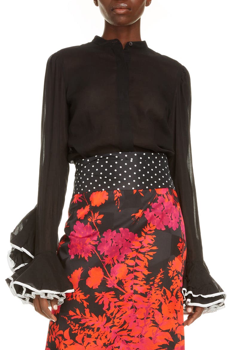 Ruffle Cuff Cotton Shirt, Main, color, BLACK
