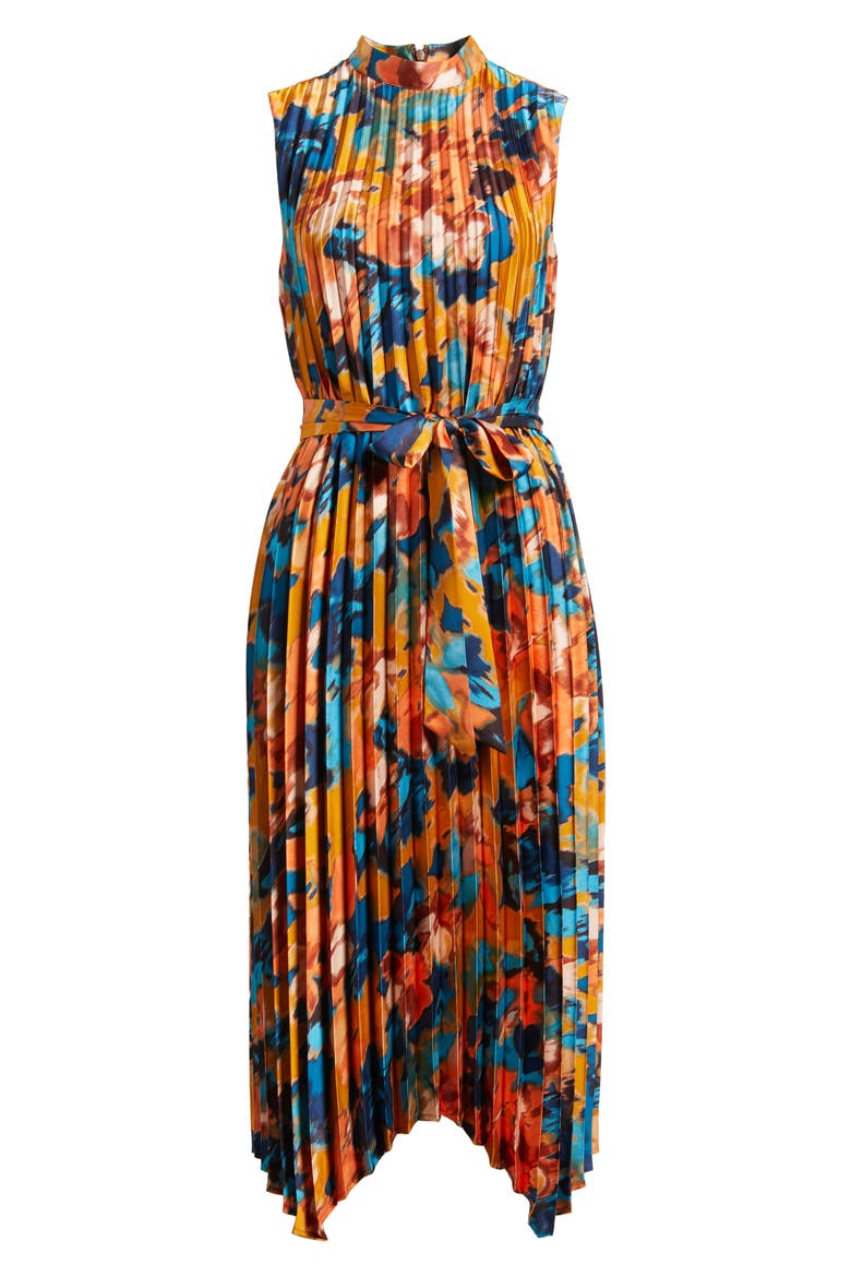 Abstract Print Pleated Belted Dress, Alternate, color, RUST/ TEAL
